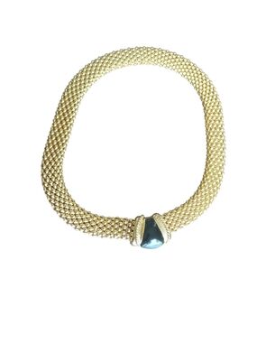 Gold-Tone Mesh Necklace with Blue Cabochon Accent